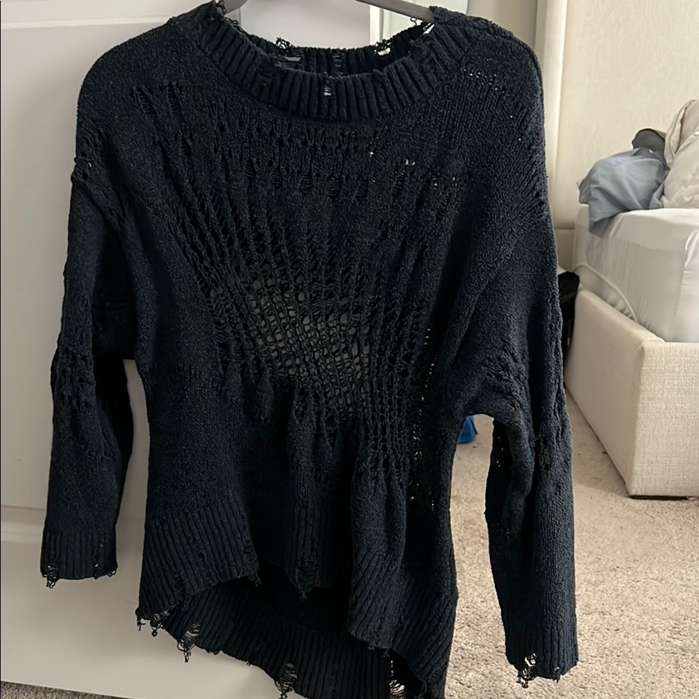 Navy Blue Distressed Knit Sweater